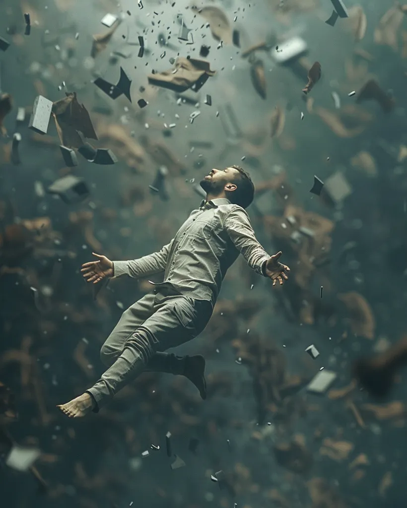 A man in a light-colored shirt and trousers floats in mid-air with his arms outstretched. He looks upwards with a calm expression. He is surrounded by a swirling mass of dark, grey, and brown fragments, perhaps representing shattered pieces of his world or his mind.  The overall tone is one of mystery and a sense of the unknown.