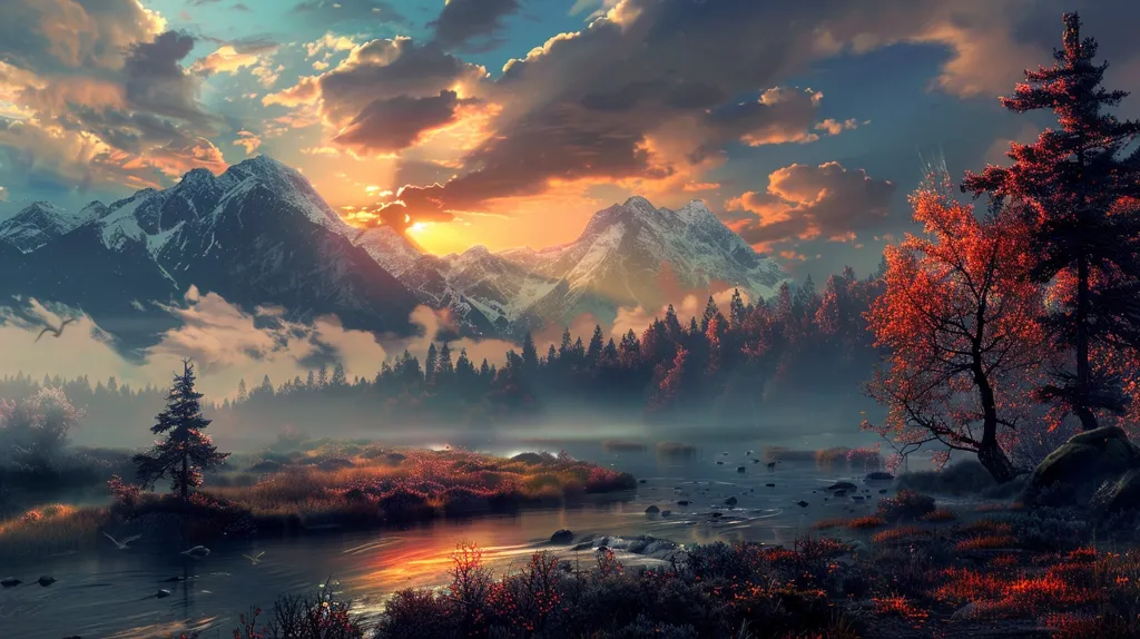 A picturesque mountain scene with a river winding through the valley. The sky is ablaze with a vibrant sunset, casting a warm glow over the snow-capped peaks. The forest, shrouded in a soft mist, adds an air of mystery and serenity to the landscape. A lone tree stands tall against the backdrop, its branches reaching towards the heavens.  The scene evokes a sense of peace and tranquility, inviting the viewer to escape into its embrace.