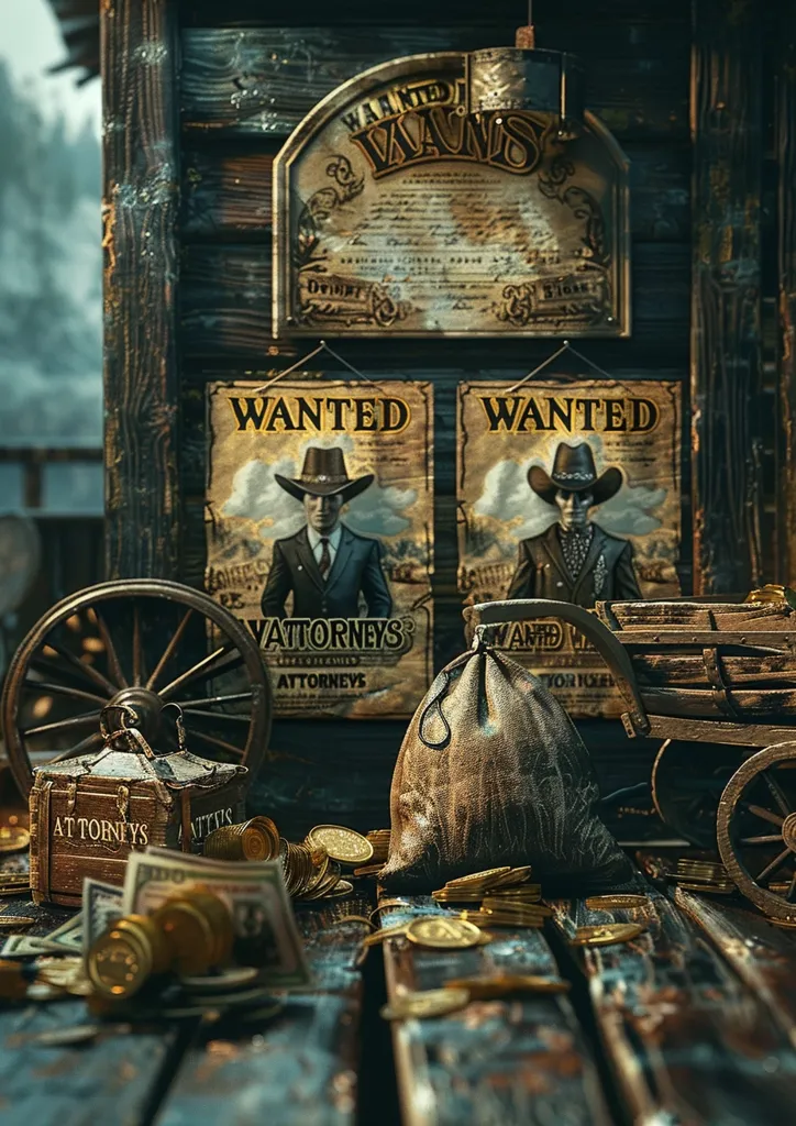 A wooden building with two Wanted posters featuring men in cowboy hats and a wooden wagon with a burlap sack full of gold coins. The scene is set in a wild west town, emphasizing a theme of lawlessness and adventure.  The golden coins are scattered on the wooden floor, suggesting a recent heist or a successful bounty collection.  A small wooden box with "Attorneys" written on it sits in the foreground, hinting at a legal aspect to the scene.  The image is rich in detail and evokes a sense of mystery and excitement.
