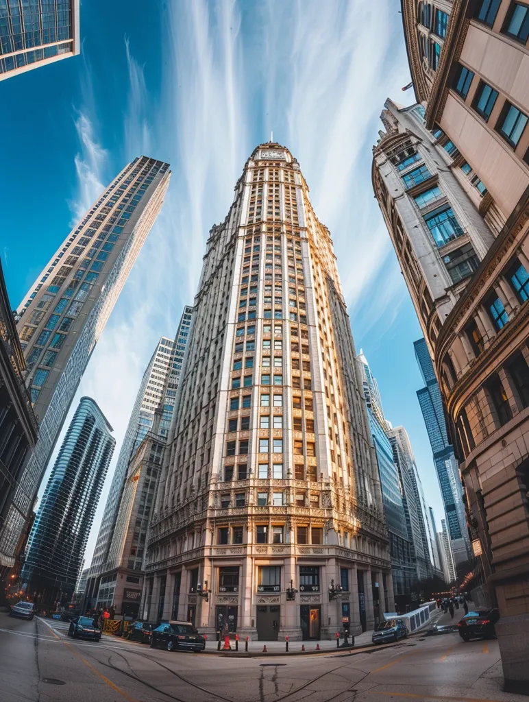 The image captures a wide-angle view of a city street lined with towering skyscrapers, showcasing the architectural grandeur of urban landscapes. The prominent building in the center is adorned with intricate details, creating a sense of grandeur and history. The surrounding skyscrapers create a visual tapestry of glass and steel, reflecting the sunlight and adding depth to the scene. The clear blue sky above serves as a canvas for wispy clouds, adding a touch of tranquility to the bustling urban environment. The street below is bustling with activity, with cars and pedestrians traversing its paths. The image encapsulates the dynamism and energy of modern city life, showcasing the harmony between human ingenuity and nature's beauty.