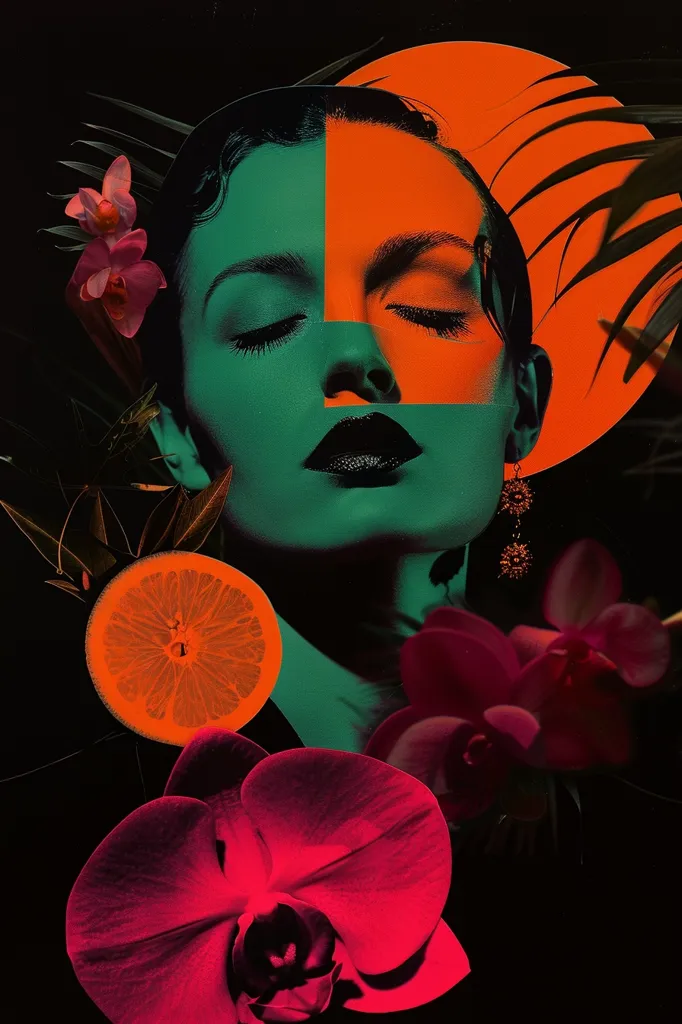 The image is a close-up portrait of a woman with her eyes closed, set against a vibrant and colorful background. The woman's face is split in half, with one side being a bright green and the other a bold orange. The background is filled with tropical foliage and flowers, creating a sense of lushness and vibrancy. The colors are bold and contrasting, adding to the artistic and surreal feel of the image.  There is a slice of orange in the foreground and a large red orchid in the bottom right corner.