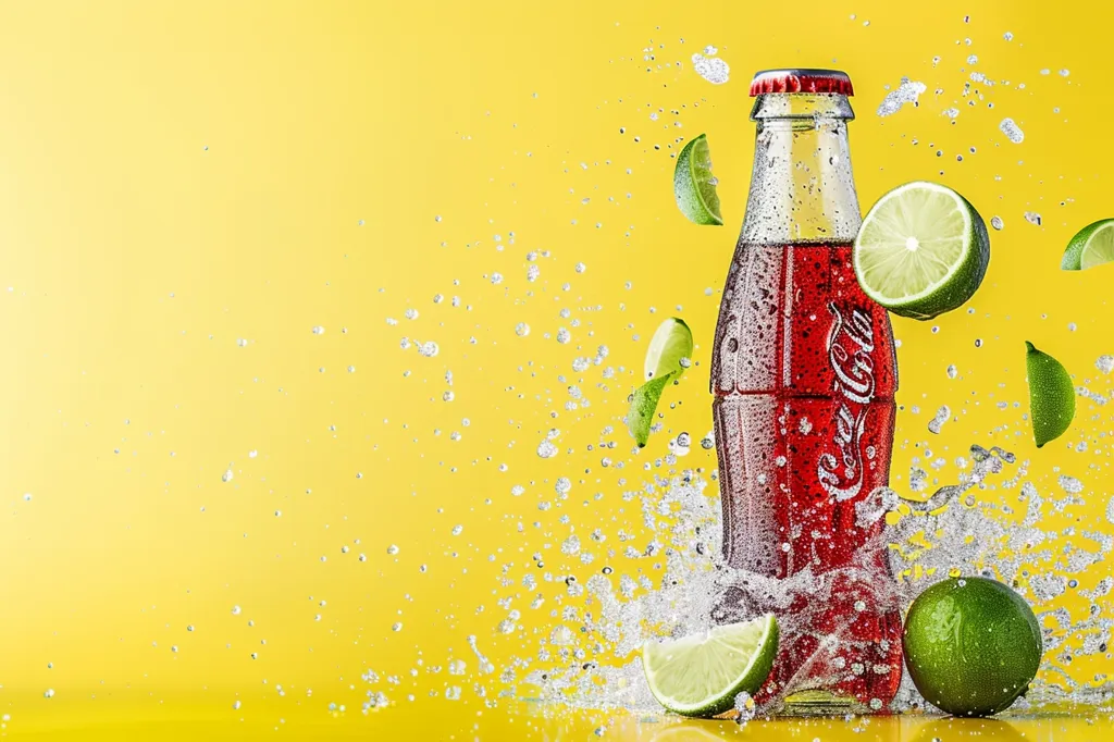 A glass bottle of Coca-Cola stands against a bright yellow background.  The bottle is surrounded by water droplets, splashing up from the liquid inside. Several lime wedges are scattered around the bottle, adding a refreshing touch. The image captures the essence of a fizzy, citrusy drink, inviting a taste of summer.