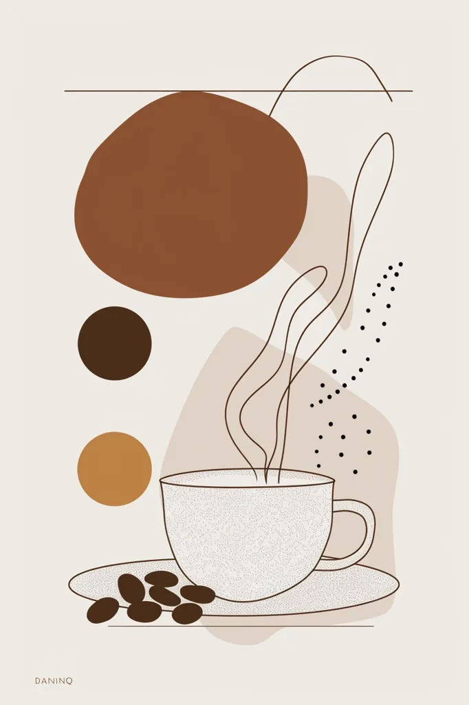 The image is a minimalist illustration of a cup of coffee. The cup is white and sits on a saucer with steam rising above it. There are coffee beans on the saucer. The background is a light beige with brown and tan abstract shapes. The illustration is simple and elegant, with a focus on the coffee and its aroma.