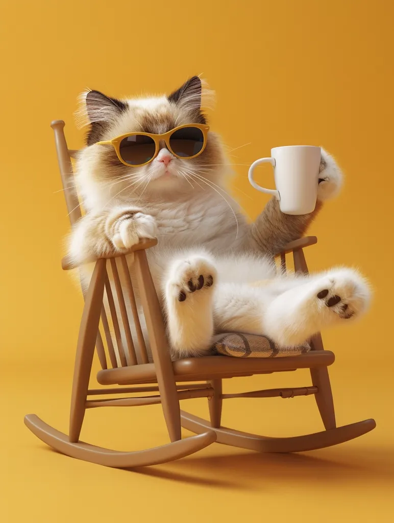 A cat wearing sunglasses is sitting in a rocking chair with a cup of coffee. The cat has a relaxed expression and its paws are resting on the seat of the chair. The background is a solid yellow color, creating a simple and playful scene.