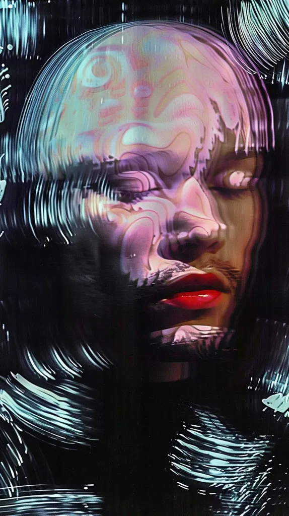 The image is a close-up portrait of a person's face, distorted and obscured by a swirling, abstract pattern. The face is mostly obscured, but the eyes, nose, and lips are visible. The person's expression is neutral, but there is a hint of sadness in their eyes. The image is created using digital manipulation, and it has a surreal and dreamlike quality. The colors are muted and subdued, and the overall effect is one of mystery and intrigue.