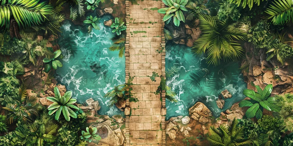 An aerial view of a tropical jungle path with a stone walkway running through the center. Lush green foliage surrounds two pools of clear blue water, creating a tranquil and inviting scene. The image captures the beauty of nature and offers a glimpse into the hidden wonders of the jungle.