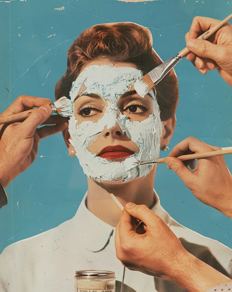A woman with a white face mask sits facing the viewer. She has red lipstick and her eyes are closed. Her face is being painted by two hands with brushes, while another hand applies a white stick to her cheek. The image is a vintage advertisement for a beauty product, perhaps a facial mask or cream. The background is a pale blue with a cracked appearance.