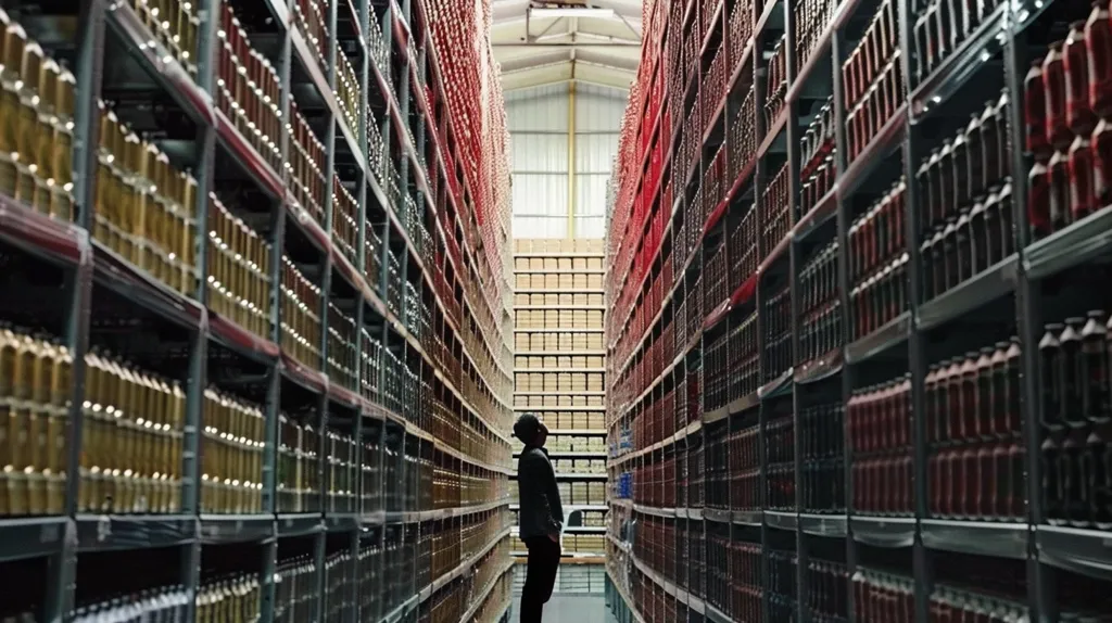 A person stands in a large warehouse aisle, looking up at endless rows of stacked shelves. The shelves are filled with rows of identical,  rectangular containers. The lighting is dim, and the person's silhouette stands out against the background. The image evokes a sense of monotony and repetition.