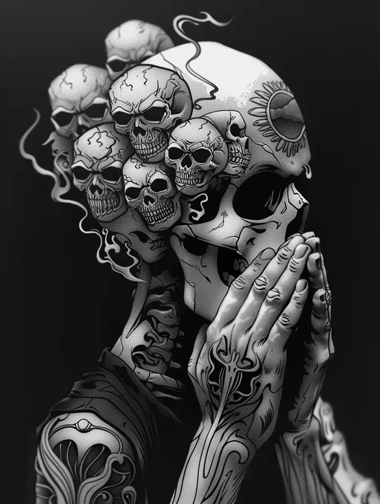 The image depicts a skull with multiple smaller skulls around it, some of which appear to be merging with the larger skull. The skull's face is partially obscured by a hand that is covering its mouth. The skull has intricate designs on it, including a sun symbol and various other patterns. The background is black, which contrasts sharply with the white of the skull. The overall feel of the image is dark and mysterious, with a suggestion of death and the supernatural.