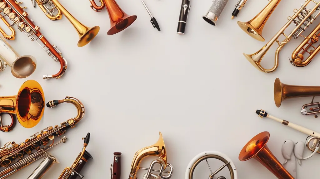 The image shows a variety of brass instruments arranged in a circular pattern against a white background. There are trumpets, saxophones, and a clarinet, all in shades of gold and silver. The image is simple but visually striking, and the instruments are arranged in a way that creates a sense of balance and harmony. The white background emphasizes the metallic sheen of the instruments and highlights the details of their design.  It's a compelling image for anyone who appreciates music and the beauty of brass instruments.