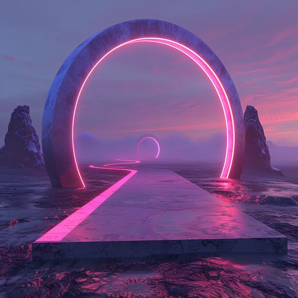 The image depicts a surreal landscape with two large, glowing neon pink circles, resembling portals, set against a hazy, pink-hued sky. A concrete path illuminated by a pink glow leads towards the portals, disappearing into the distance. The scene is punctuated by two rocky formations, lending an otherworldly, futuristic aesthetic.