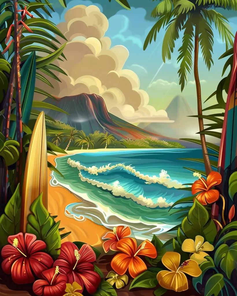 The image depicts a vibrant tropical beach scene. Lush green palm trees frame a view of turquoise waves gently lapping at a sandy shore. A volcanic mountain rises in the distance, while bright red and orange hibiscus flowers bloom in the foreground. A wooden surfboard leans against the foliage, hinting at the adventurous spirit of the location. The overall mood is one of relaxation and paradise.