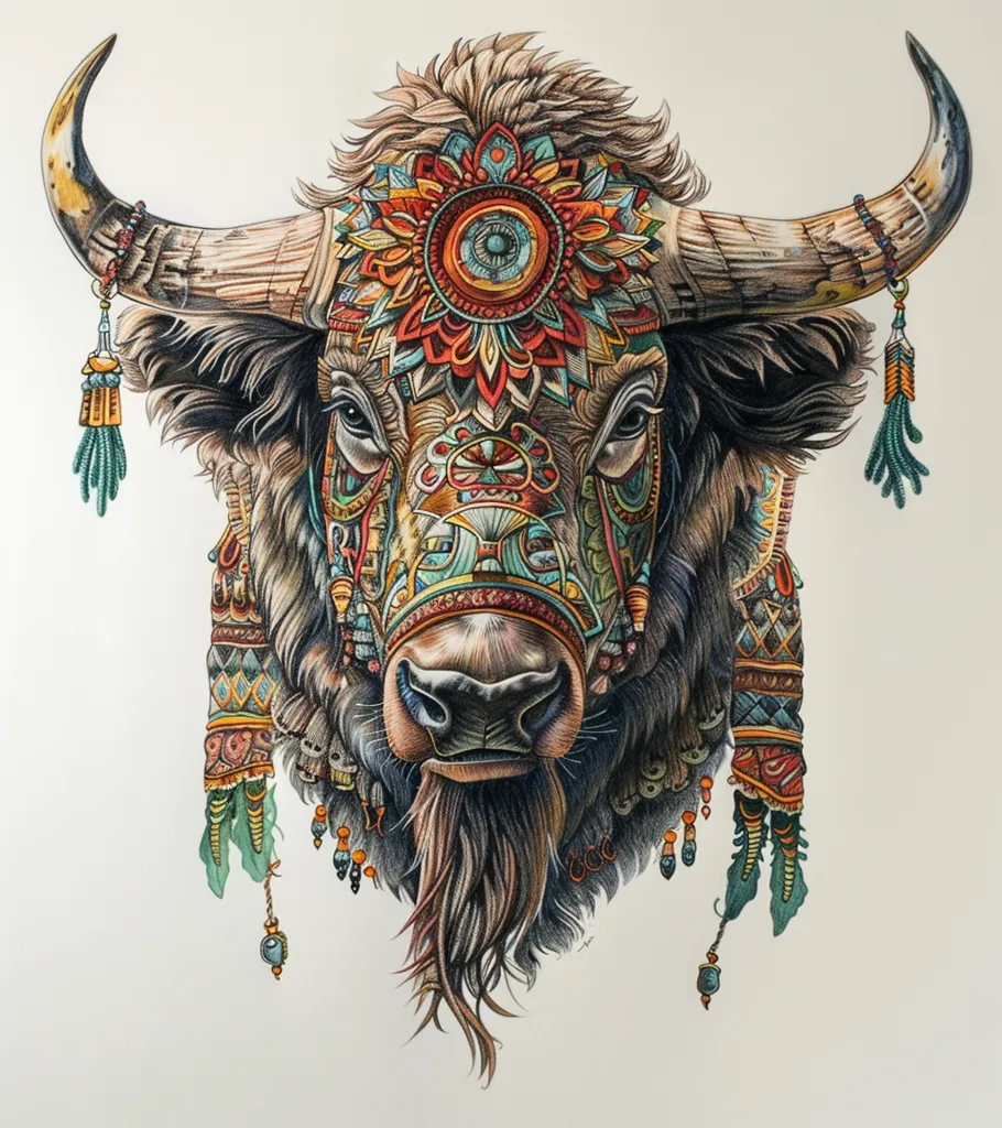 The image depicts a detailed drawing of a bull's head adorned with intricate, colorful patterns and ornaments. The bull's face is rendered realistically, while the decorative elements are stylized and resemble a tribal or ethnic design. The colors are vibrant and contrasting, creating a striking visual impact.  The drawing is likely done with colored pencils, showcasing the artist's meticulous attention to detail.
