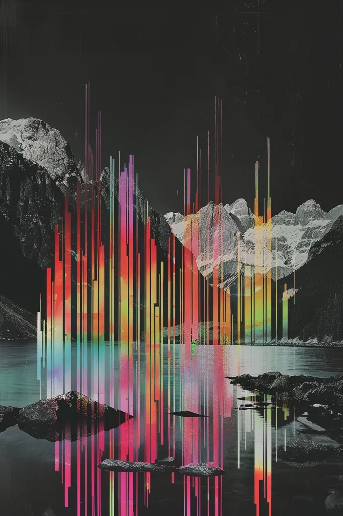The image depicts a serene mountain lake with a rugged, snow-capped mountain range in the background. The scene is overlaid with a vibrant, abstract digital glitch effect, creating a surreal and otherworldly atmosphere. The digital streaks and lines, in a spectrum of colors, add a layer of distortion and dynamism, contrasting with the tranquil landscape. The dark, cool tones of the mountain and water are complemented by the bright, warm hues of the digital glitch, creating a visually captivating and intriguing composition.