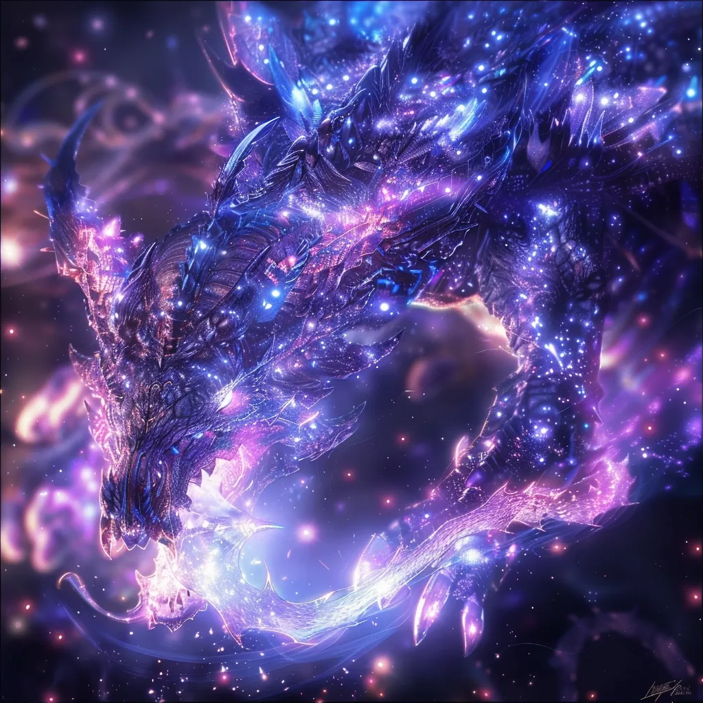 The image depicts a dragon made of shimmering stars and nebulae, its head and tail blending into the cosmic background. Its scales are a kaleidoscope of blues, purples, and pinks, creating a stunning celestial tapestry. The dragon seems to breathe out a swirling cloud of stardust, adding to the image's ethereal and fantastical atmosphere.
