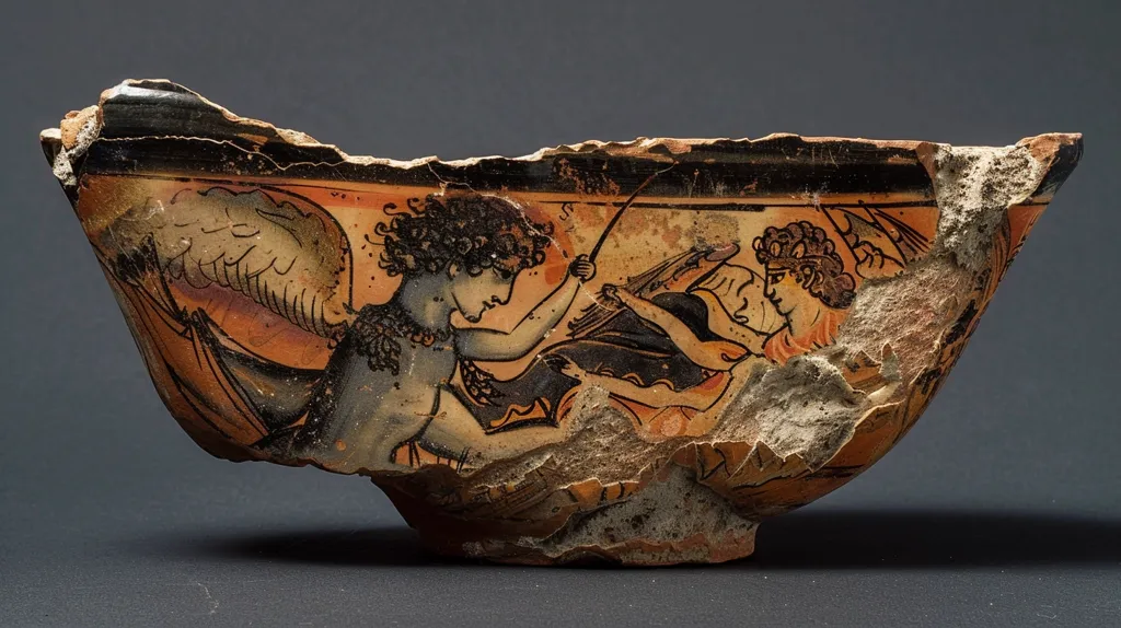 The image shows a broken ancient Greek pottery bowl. The bowl is decorated with a black-figure painting, depicting two winged figures engaged in a struggle. The figures are drawn in black silhouette against an orange background, with details rendered in white. The bowl is cracked and chipped, revealing the terracotta beneath the glaze. The image captures the beauty and fragility of ancient artifacts.
