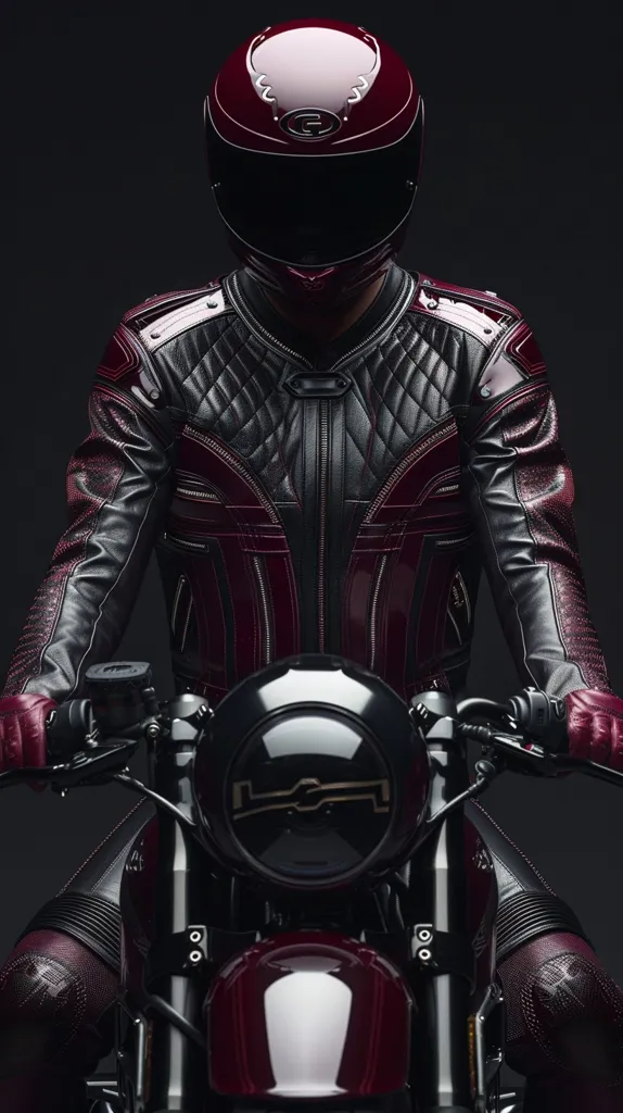 The image features a person wearing a sleek, crimson motorcycle suit and helmet, sitting on a custom-built motorbike. The suit is adorned with black quilted panels and silver accents. The motorcycle is a striking blend of black and maroon, with a large, circular headlight and a polished chrome finish. The person's hands grip the handlebars, ready for a thrilling ride. The overall atmosphere is one of speed, power, and style, evoking a sense of adventure and freedom.