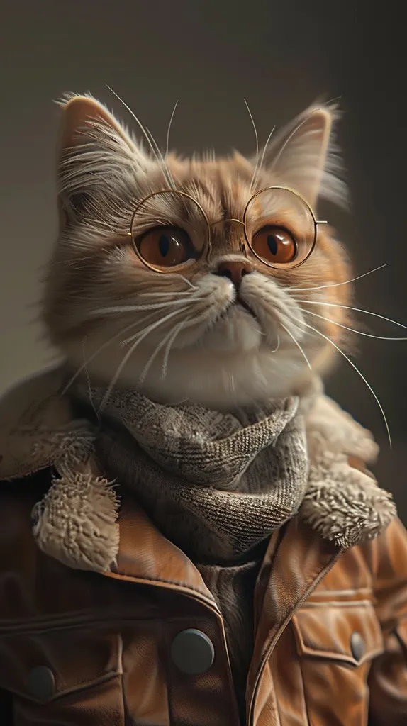 A fluffy brown cat with golden round glasses and long whiskers is dressed in a brown leather jacket and a gray knitted scarf. It is looking directly at the viewer with a thoughtful expression, giving an impression of a wise and observant character. The cat's outfit and glasses add a touch of humor and sophistication to the image.