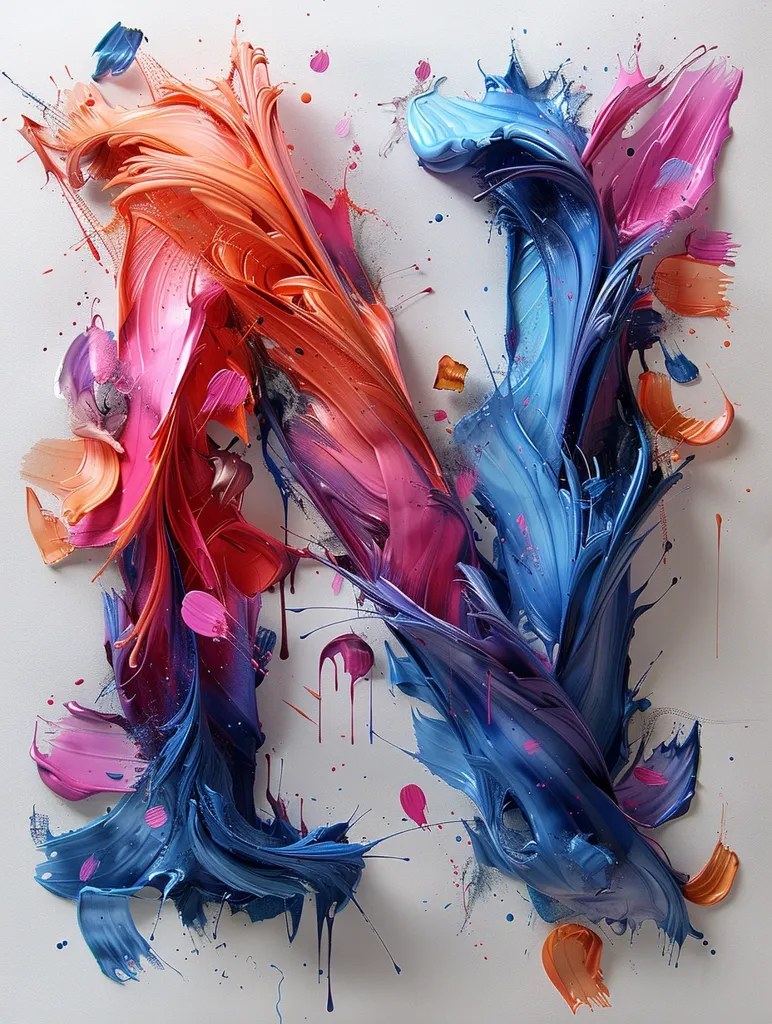 The image is an abstract painting in vibrant colors. It features thick, textured strokes of blue, pink, orange, and red paint. The colors are splashed and layered to create a dynamic composition, resembling a swirling mass of energy. The painting has a sense of movement and depth, giving the impression of abstract figures. Small splatter marks throughout the image add to the chaotic and energetic feel.