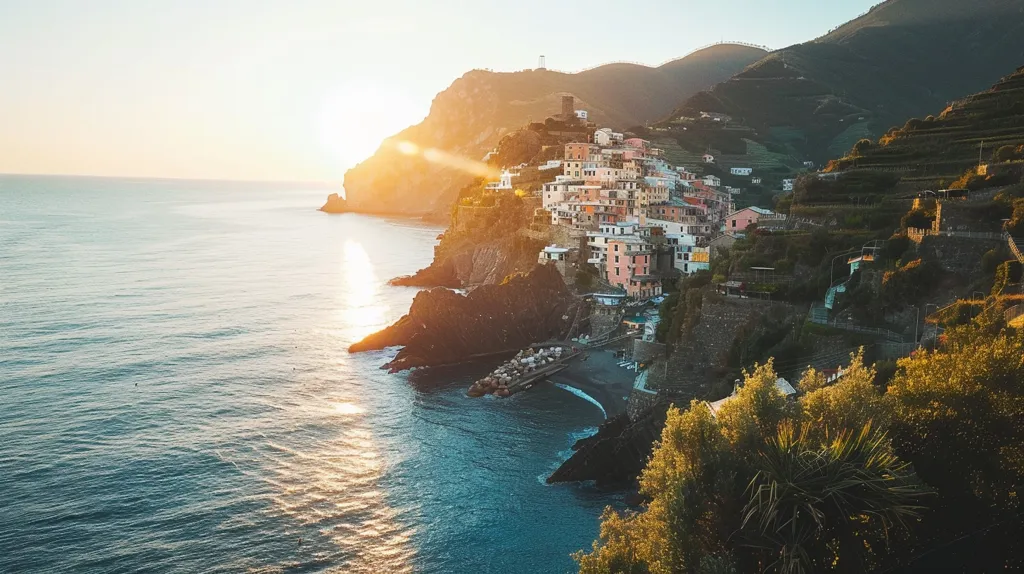 A picturesque coastal town nestled between lush green hills. The sun sets over the horizon, casting a warm glow on the colorful houses. The blue waters of the Mediterranean Sea lap against the rocky shoreline, creating a serene and breathtaking view.