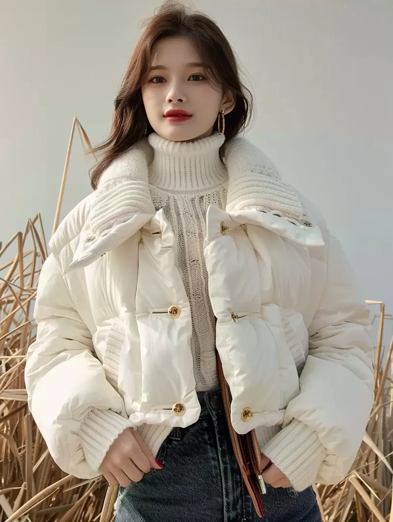 A young woman with long brown hair is wearing a white puffer jacket with a high neck and gold buttons. She is also wearing a white turtleneck sweater and blue jeans. She is standing in front of a background of dried grasses and her expression is serious.  She is wearing large gold hoop earrings.  She is wearing red lipstick.  She has a strap of a bag showing.