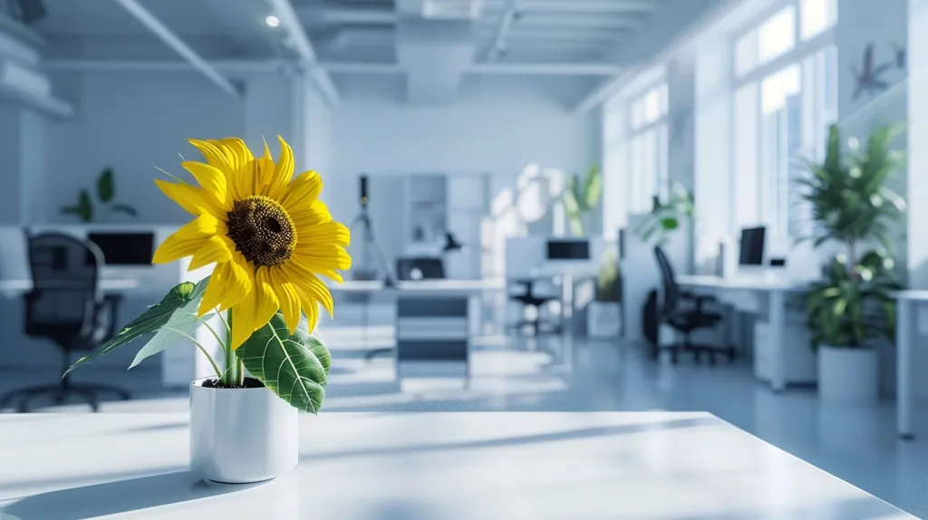 A single sunflower sits in a white pot on a white desk in an office setting. The sunflower is in focus, while the office background is blurred. The sunflower is bright and cheerful, bringing a touch of nature to the sterile office space. The image evokes a sense of peace and tranquility.