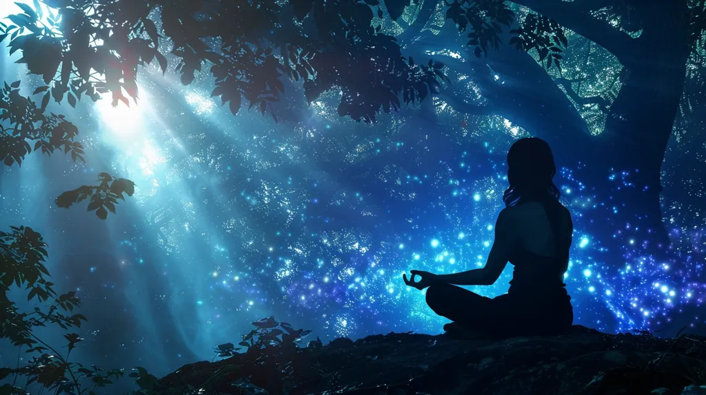 A silhouette of a woman sits in a meditative pose, her legs crossed and her hands resting in her lap. She is surrounded by a magical, ethereal sky filled with glowing particles, reminiscent of fireflies or stars. The scene is tranquil and serene, suggesting a moment of deep peace and connection with the natural world.  A large tree with its branches reaching out creates a canopy above the scene.