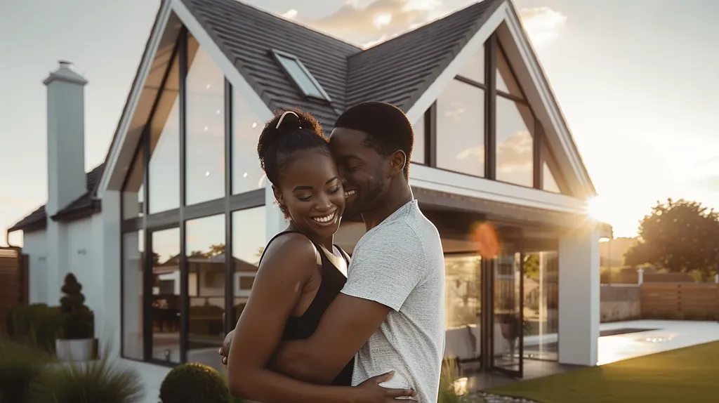 A young couple is embracing in front of their modern home. The woman is smiling up at the man, while he leans his head down to whisper something in her ear. The sun is setting behind them, casting a warm glow over the scene. They are both dressed casually, suggesting that they are enjoying a relaxing evening at home.  The house has a clean and minimalist design, with large windows that offer views of the surrounding landscape. The couple's happiness and the beautiful setting create a sense of peace and contentment.
