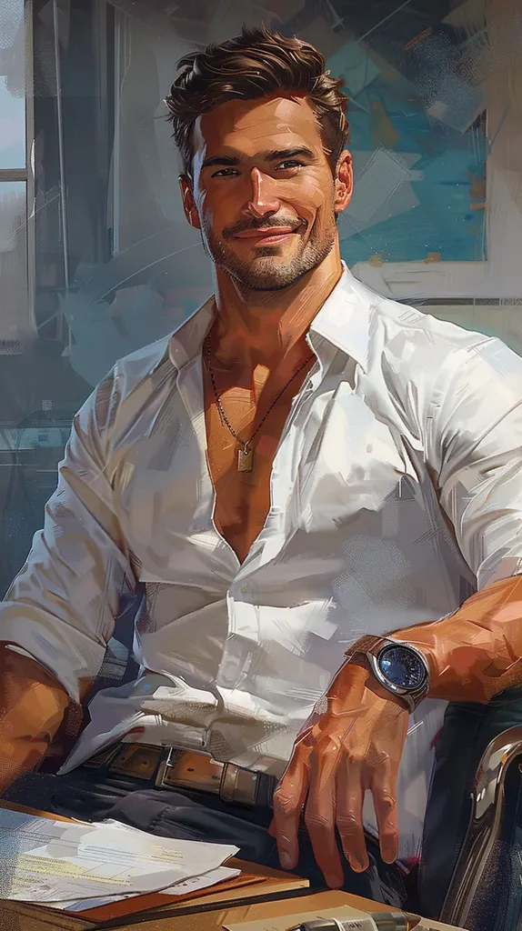 A man with dark hair and a neatly trimmed beard is wearing a white button-down shirt with the top button undone, revealing a gold chain necklace with a pendant. He's smiling softly and looking directly at the viewer. He's seated in a chair, his right arm resting on the armrest, and his left hand is resting on his thigh. He's wearing a watch on his right wrist and a brown belt around his pants. The setting appears to be an office or a similar indoor space.  A table in front of him is covered with papers. The image has a warm, inviting tone.