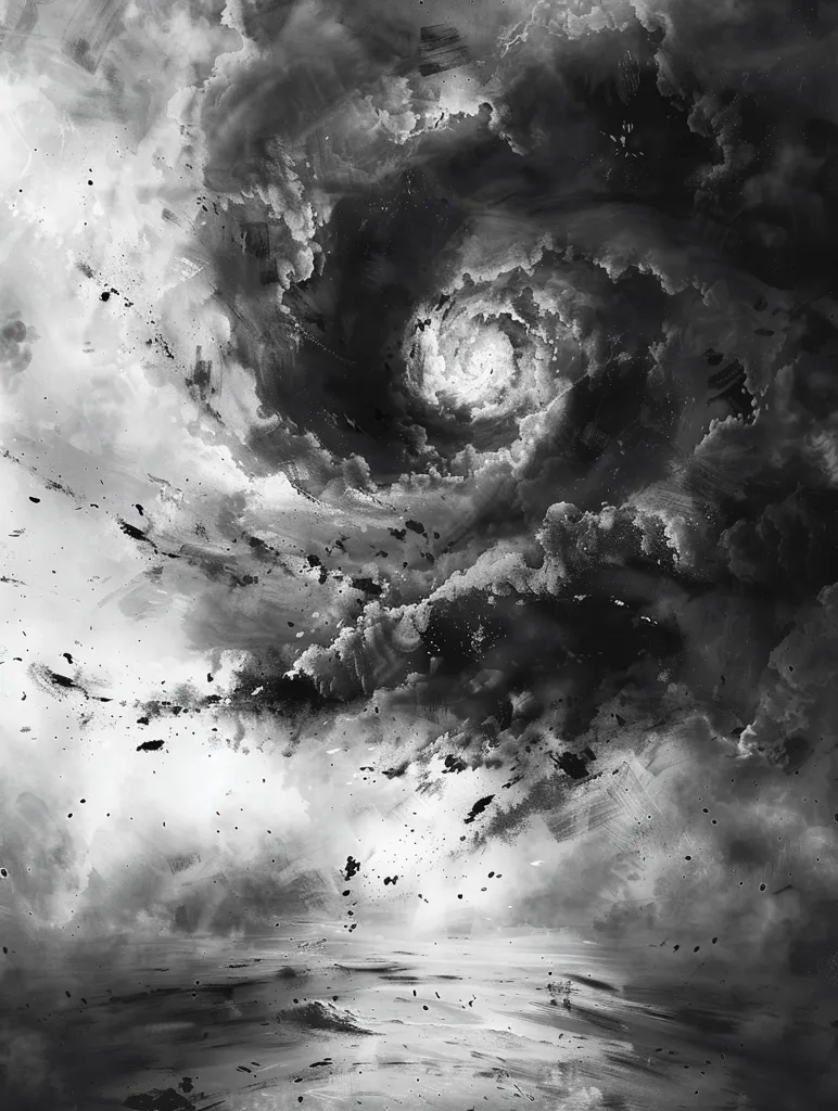 A swirling vortex of dark clouds dominates the sky, creating a dramatic and ominous atmosphere. The clouds are rendered with a painterly style, with brushstrokes and textures giving them a sense of depth and movement. A faint glow emanates from the center of the vortex, suggesting a hidden light source or an opening to another dimension. The lower portion of the image depicts a desolate landscape, with a flat, gray surface that extends to the horizon. The overall mood is one of impending doom, suggesting a storm about to break or a gateway to an unknown world.