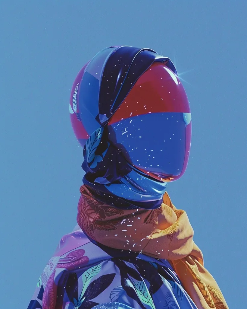A futuristic figure with a red and blue helmet, adorned with a floral scarf and a patterned jacket, stands against a blue backdrop. The helmet has a clear visor, and the figure appears to be looking to the side. The image is filled with small white dots, which could represent snow or digital particles. The overall tone of the image is both futuristic and nostalgic.