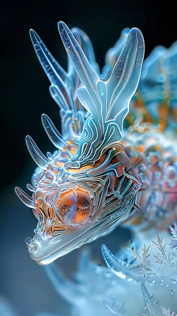 A close-up shot of a translucent, intricate creature with a delicate, frosty exterior. Its body is adorned with intricate patterns and delicate, translucent protrusions. The creature appears to be perched on a bed of delicate, frosty snowflakes, creating a surreal and otherworldly scene. The image evokes a sense of wonder and mystery, suggesting a fantastical realm of icy beauty.
