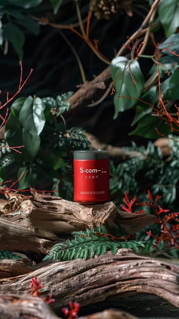 A red and green can labeled "S-com" sits on a weathered tree trunk. Lush green foliage frames the scene, creating a natural backdrop. The can features Chinese characters, suggesting a product intended for the Asian market. The image evokes a sense of natural beauty and simplicity.