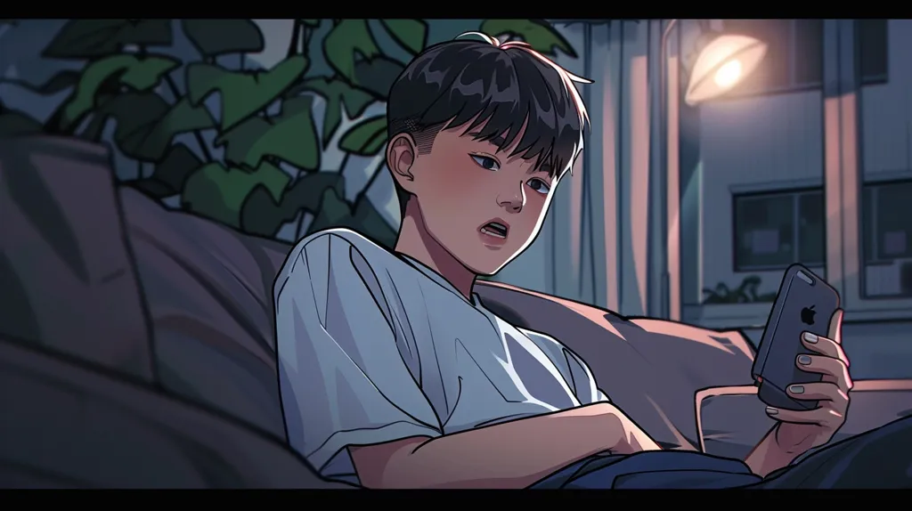 In a dark room, a student is lying on a sofa, looking at their phone with a dismissive snort. Their expression is one of disbelief and annoyance. The dim lighting creates a somber and quiet atmosphere, highlighting the student's reaction and the dim environment of the room. Capture this scene in a medium shot to emphasize the student's posture and the expression of disbelief and annoyance while looking at the phone. This scene was illustrated in the style of a webtoon cartoon. High saturation and brightness. --cref https://s.mj.run/7PG0kUNxy5U --sref https://s.mj.run/efs1hriEV9g --sw 20 --ar 16:9 --v 6.0