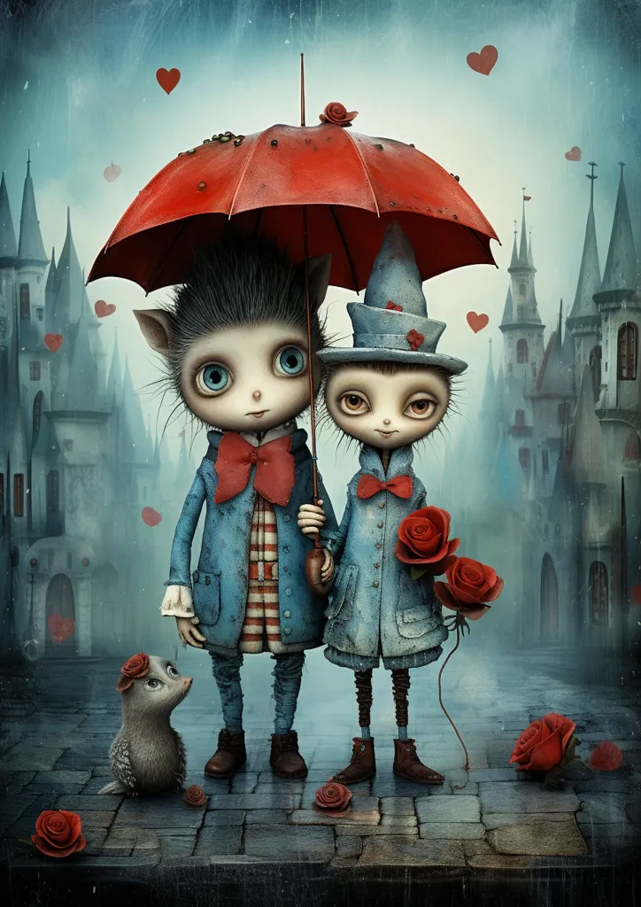 Two whimsical creatures, one with pointed ears and one wearing a tall hat, walk hand-in-hand under a red umbrella. The background is a misty, fairytale landscape filled with gothic architecture and floating hearts. The creature on the right carries a bouquet of red roses, adding to the romantic ambiance. A small, furry animal with large eyes observes them from the cobblestone path. The image is a charming depiction of a whimsical, loving encounter.