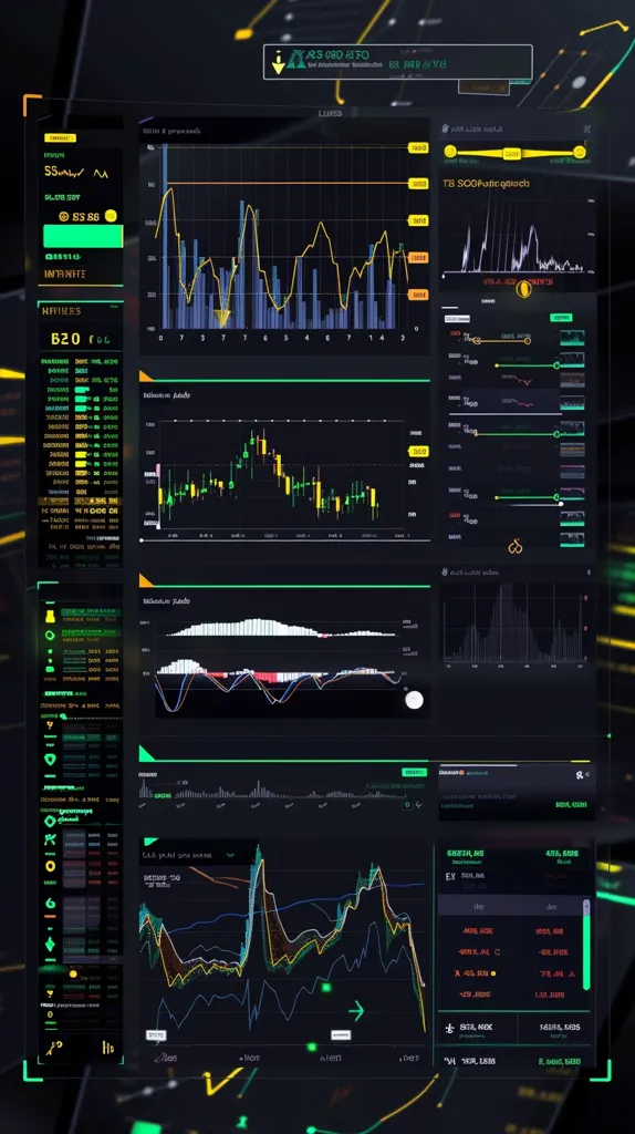 The image shows a computer screen displaying financial data. The screen is divided into multiple panels, each showing a different type of chart or graph. Some of the panels display line graphs, while others show candlestick charts. The data appears to be related to the stock market or cryptocurrency trading, with various symbols and indicators displayed on the screen. The colors are predominantly dark with neon green and yellow accents, giving the image a futuristic or sci-fi feel.