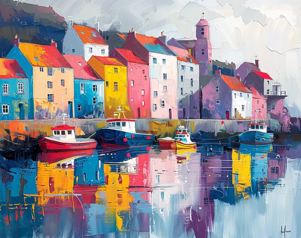 A vibrant painting depicts a quaint seaside town with colorful houses lining a harbor. Four small boats are docked, their reflections shimmering in the calm water. The buildings are painted in a cheerful palette of yellows, blues, pinks, and oranges, giving a sense of lively energy. The sky above is a soft grey, adding a peaceful ambiance to the scene.  The overall impression is one of tranquility and beauty.