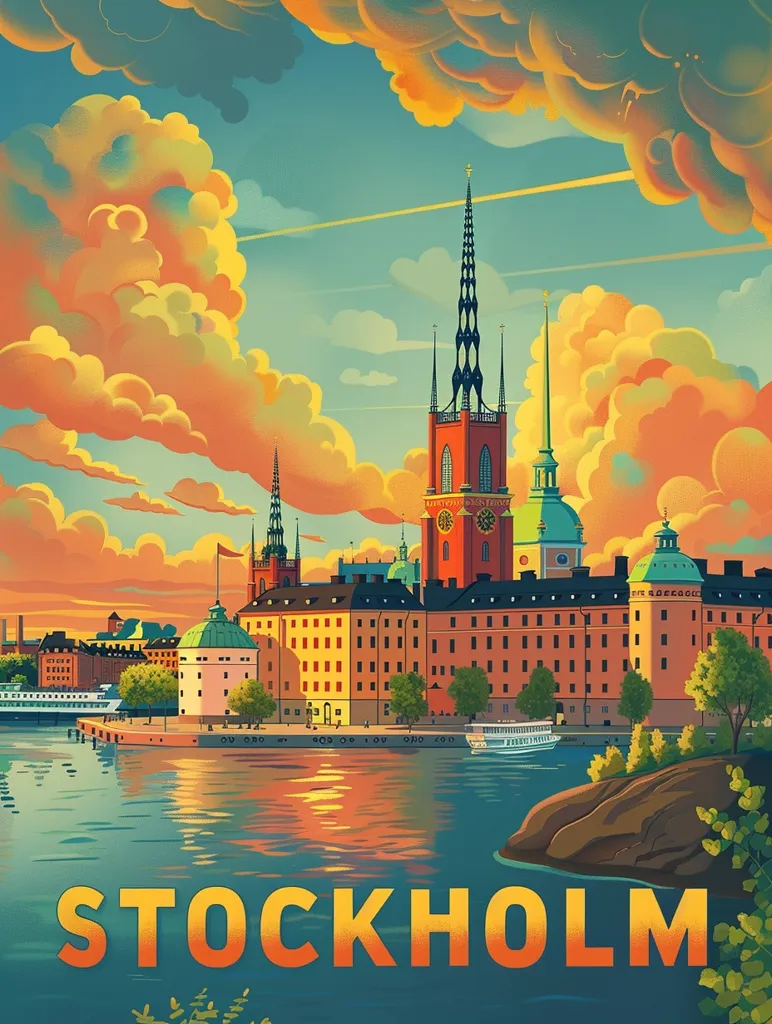 The image depicts a picturesque cityscape of Stockholm, Sweden, with a vibrant sunset sky casting warm hues over the city. The iconic church spires rise above the buildings, while boats traverse the calm waters of the harbor. The image is reminiscent of a vintage travel poster, capturing the charm and beauty of Stockholm.