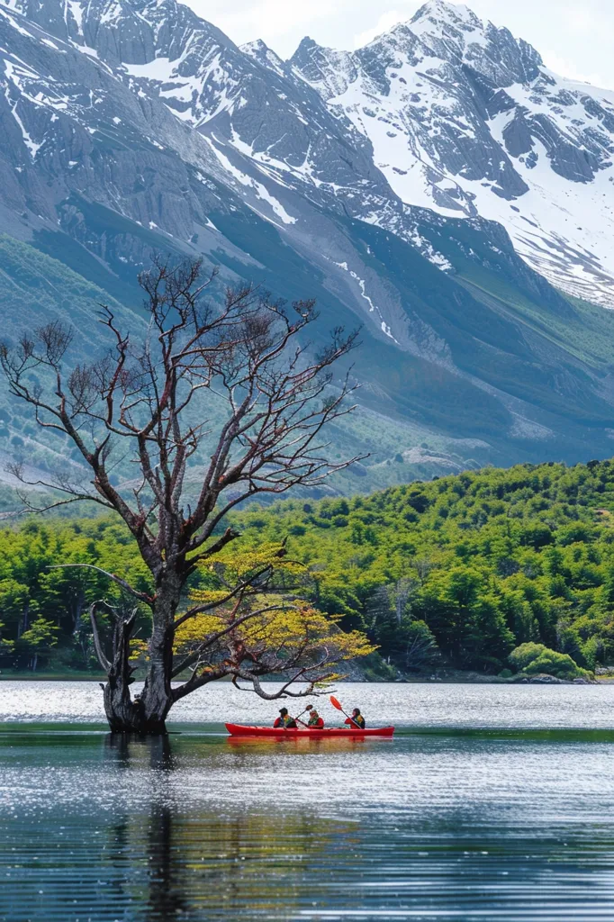 A red kayak with three people paddles across a still lake. The lake is surrounded by lush green trees, with a snow-capped mountain range in the background.  A bare-branched tree stands in the lake, its roots submerged in the water. The scene is serene and peaceful, showcasing the beauty of nature.