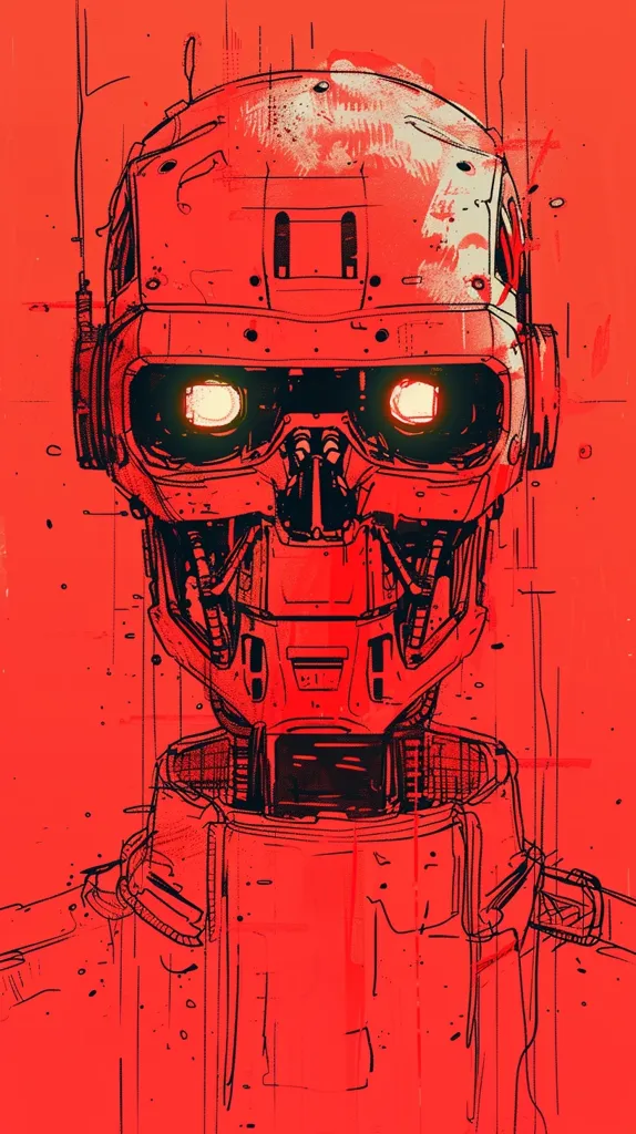 A robotic head with glowing eyes is depicted in a graphic, stylized design. The robot's head is outlined in black against a vibrant red background, and its face is covered in intricate details resembling gears and mechanical parts. The image captures a futuristic, cyberpunk aesthetic.