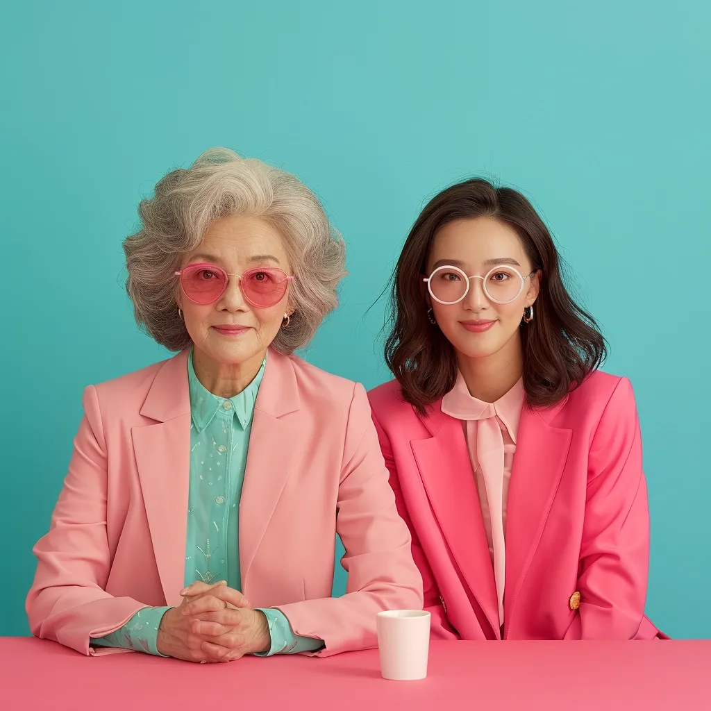 Two women, one older with grey hair and wearing pink heart-shaped sunglasses and a light pink blazer, the other younger with black hair and wearing pink round glasses and a hot pink blazer, sit at a table with a white cup in front of them. The background is a bright turquoise blue.  They both look at the camera with serious expressions.