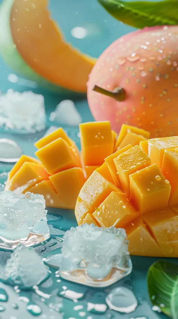 A close-up of juicy mango cubes and a whole mango with a green leaf, all arranged on a turquoise surface with ice cubes melting around them. The bright colors and glistening water droplets create a refreshing summer vibe.  The image evokes a sense of tropical indulgence and deliciousness.
