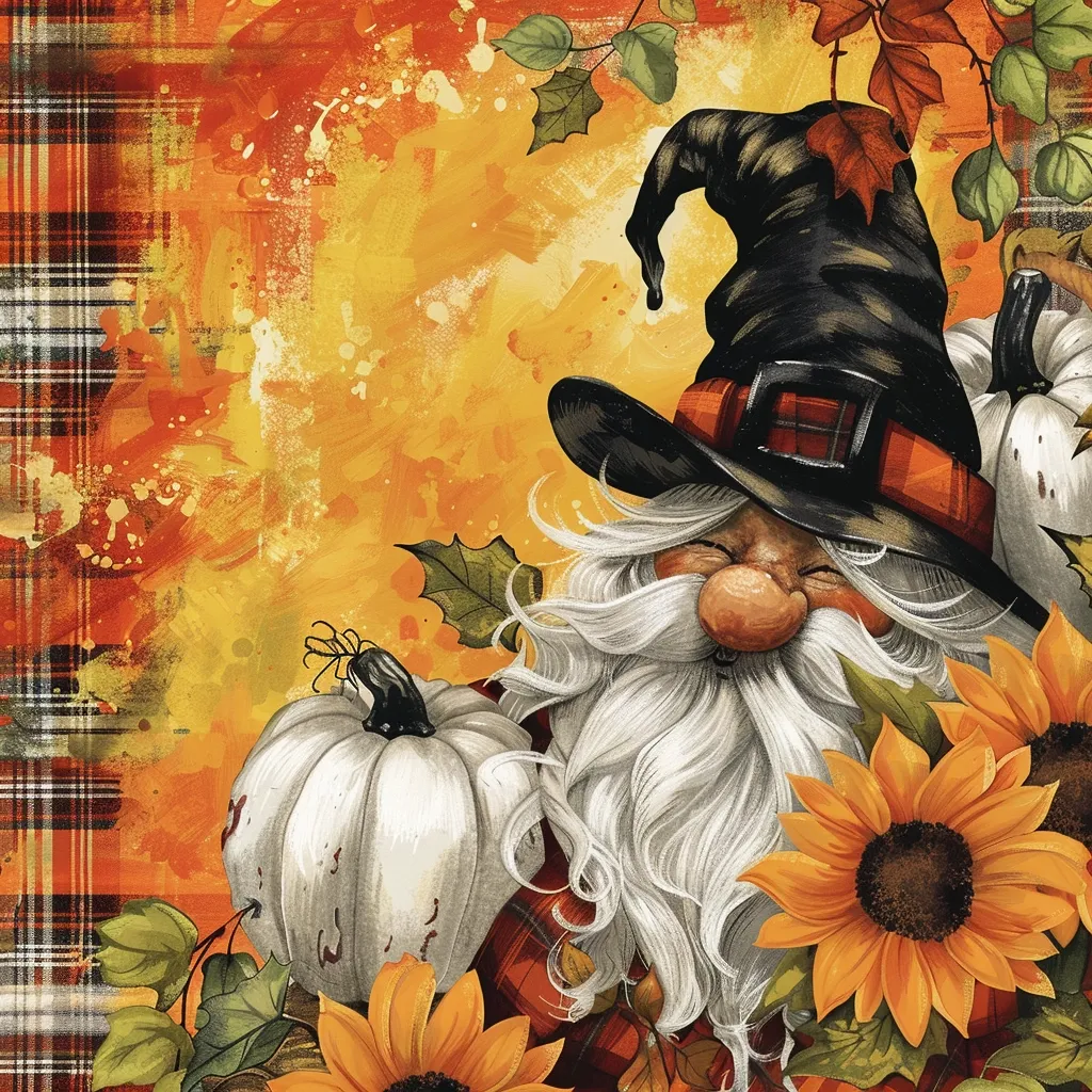 A whimsical gnome with a long white beard and a black witch's hat sits amongst a vibrant display of pumpkins and sunflowers. A plaid pattern and a colorful splatter background create a festive autumnal atmosphere.  The gnome's cheerful expression adds a touch of magic to the scene.