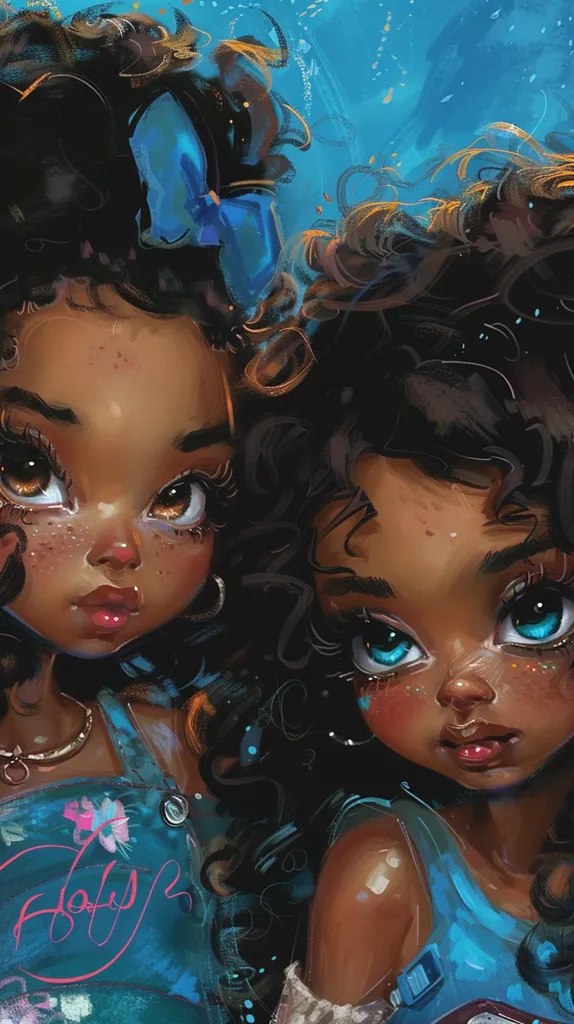 chibi style painting of two beautiful bratz doll style of two beautiful african american ladies that are best friends --ar 9:16 --v 6.0