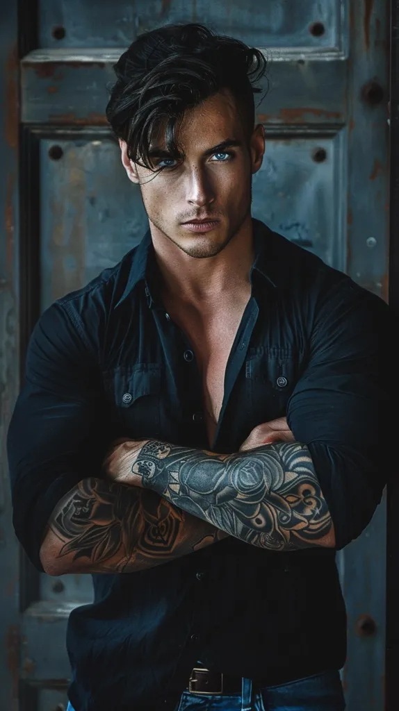 A young man with dark hair and piercing blue eyes stands in front of a weathered metal door. He wears a black button-down shirt, his arms crossed over his chest, showcasing intricate tattoos. The image captures a sense of intensity and mystery, with his gaze directed at the viewer. The dark lighting and grunge aesthetic enhance the overall mood.