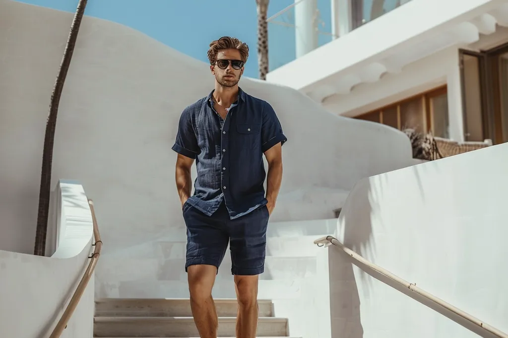 A man in a navy blue linen shirt and matching shorts walks down a set of stairs. He is wearing sunglasses and has a serious expression on his face. The stairs are made of wood and the railings are made of metal. The background is a white wall with a palm tree visible. The image evokes a sense of summer and relaxation.