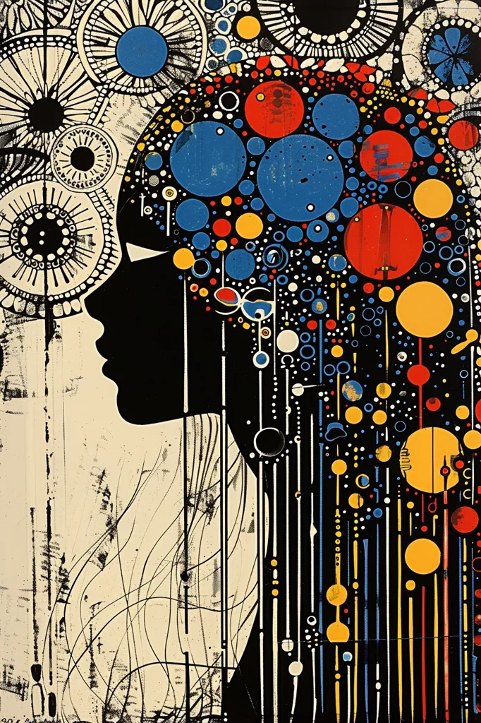The image is a vibrant abstract portrait of a woman. Her face is in profile and her hair is depicted as a cascade of colorful circles and lines.  The background is a swirling pattern of black and white circles, creating a sense of movement and energy. The colors are bold and contrasting, with blues, reds, yellows, and blacks dominating the composition. The overall effect is one of dynamism and artistic expression.
