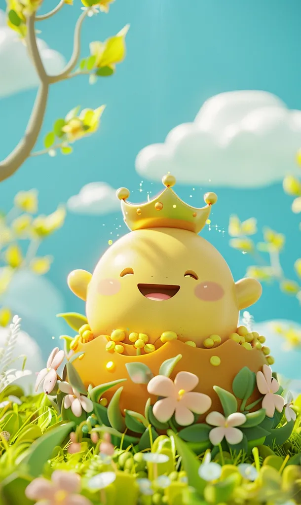 A cheerful, yellow cartoon character with a crown sits in a broken eggshell. The character has a big smile and is surrounded by lush green grass and pink flowers. The background is a bright blue sky with white clouds.  The scene is whimsical and playful.