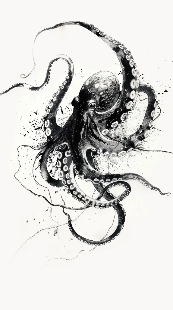 The image is a black and white illustration of an octopus. Its tentacles are long and thin, with suction cups along their length. The octopus is drawn in a detailed and realistic style, with its body and tentacles rendered with great precision. The background is a simple white, allowing the octopus to stand out in all its detail.  The image has a sense of movement and energy, as the octopus appears to be reaching out with its tentacles. There are splatters of ink around the octopus, adding to the dynamic and chaotic feel of the image. The overall effect is one of beauty and power.