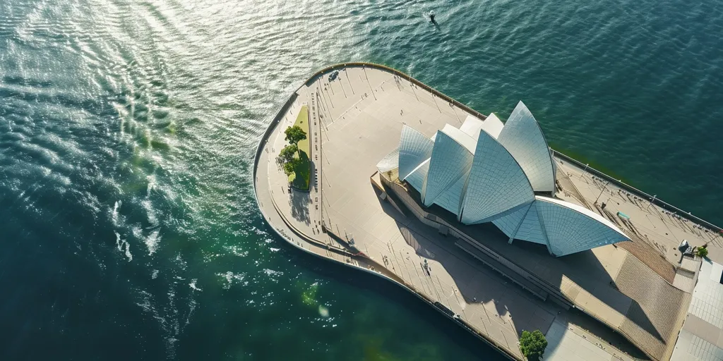 An aerial view of the Sydney Opera House, showcasing its iconic sail-like design. The building sits on a man-made peninsula, surrounded by shimmering blue water. The scene is bathed in sunlight, creating long shadows on the surrounding concrete walkways. A small patch of green vegetation adds a touch of nature to the urban landscape. The image captures the architectural brilliance and waterfront location of this world-renowned landmark.
